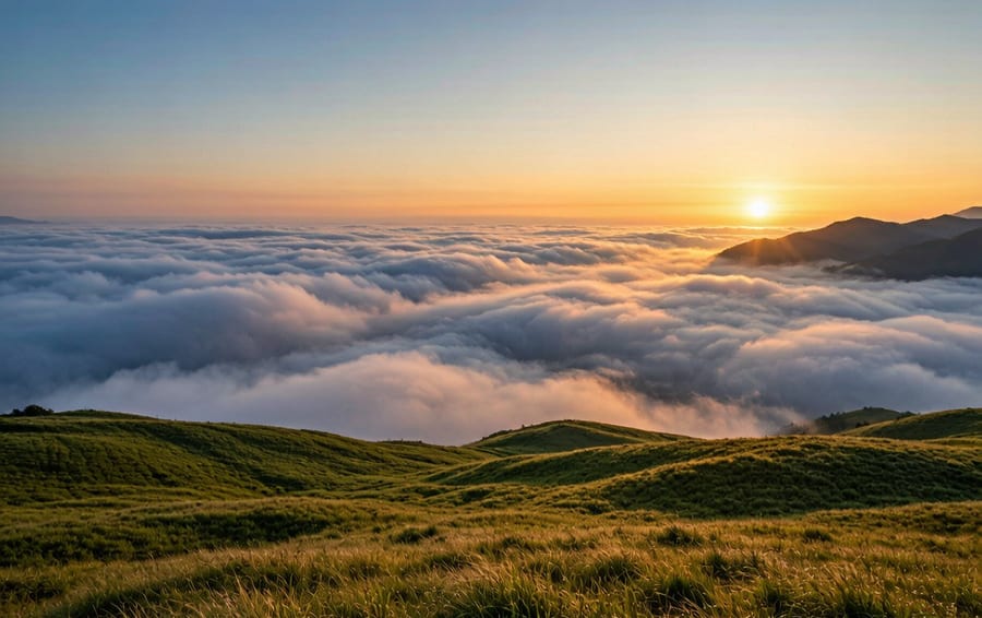 高坡云顶草场：高山草甸上的云海日落